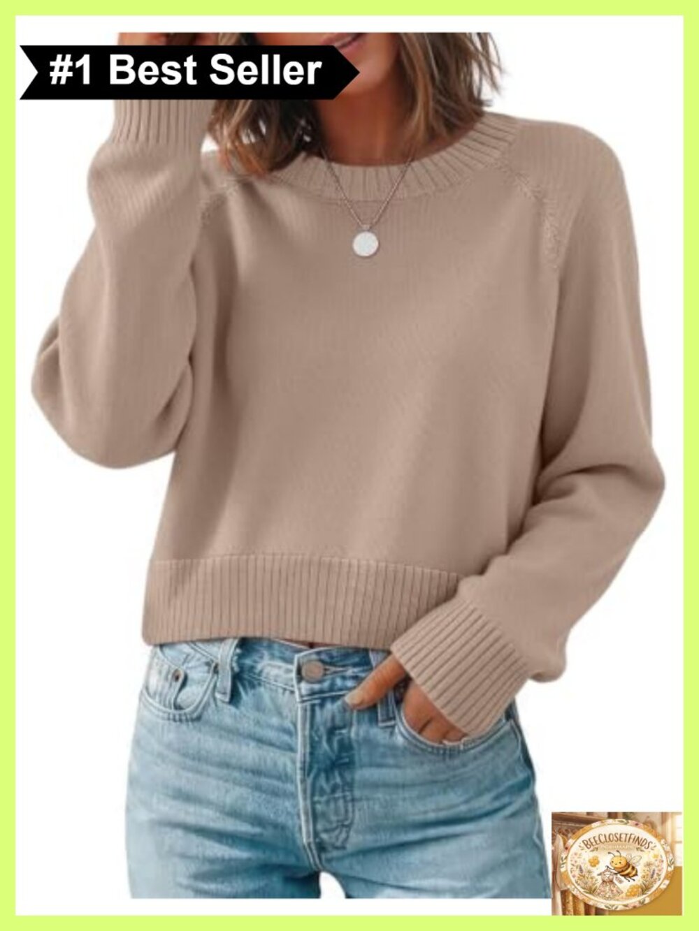 Cropped Crewneck Sweater Soft Knit Raglan Long Sleeve Pullover